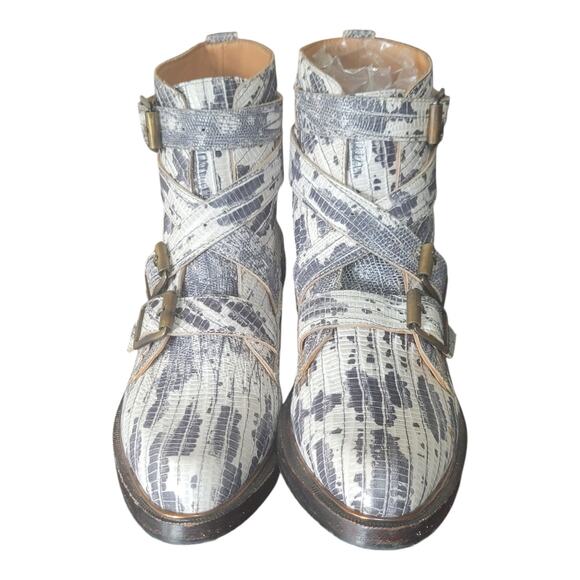 John Fluevog Modvogs Darin Boots Snake Print Leather Buckle Booties Women's US 6 - Picture 1 of 12